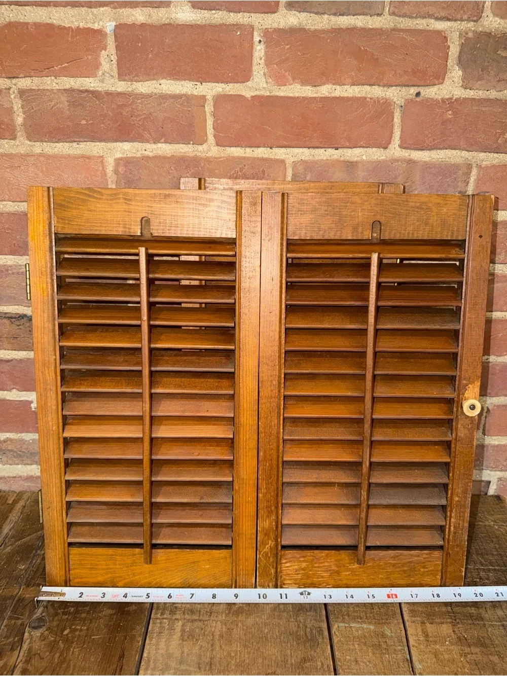Vintage Wooden Louvered Window Shutters - Warm Brown Miniature Pair Rustic
